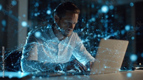Man working on laptop with digital data overlay concept illustration
