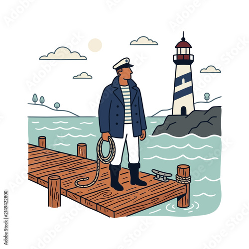 A sailor stands on a wooden pier near a coastal lighthouse