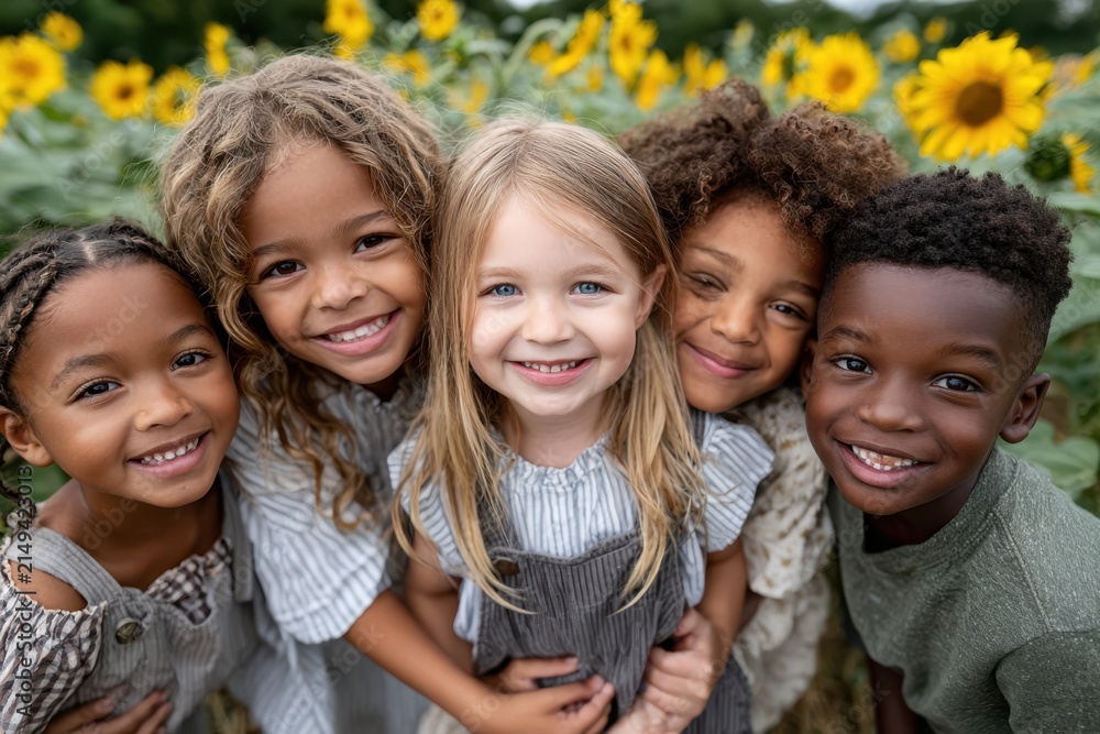 Fototapeta premium Five young children huddle together and smile in a sunflower field