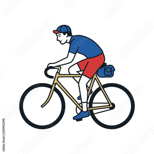 A stylized illustration of a person riding a bicycle on a white background
