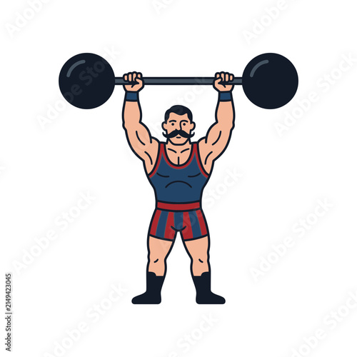 A vintage style illustration of a strong man lifting a heavy barbell over his head