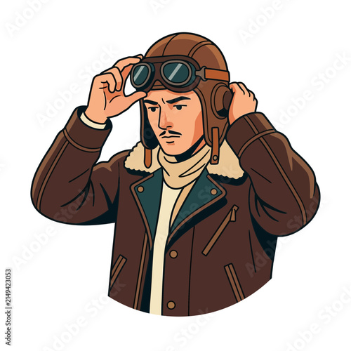 A vintage aviator adjusts his leather flight goggles and cap