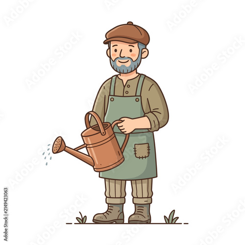 A friendly elderly gardener holds a metal watering can in a flat vector illustration style