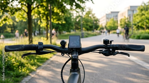 Electric bicycle handlebar with digital display with background trees pedestrians
