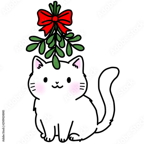 A cute white cat sitting under Christmas mistletoe with red bow holiday illustration, Festive xmas cartoon 