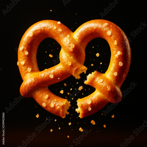 Broken Salted Pretzel with Flying Salt and Crumbs