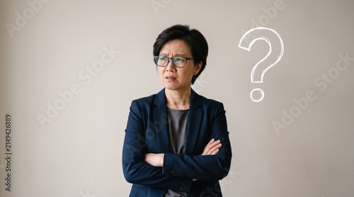 Confused asian business woman standing with crossed arms looking puzzled, thinking about difficult decision or problem solving, question mark symbol above head representing doubt