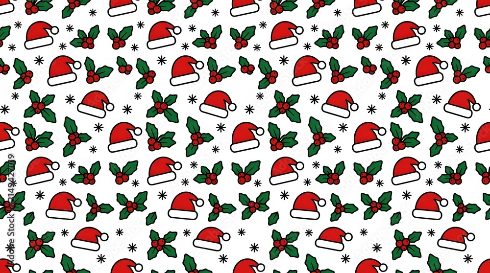 Christmas pattern merry christmas festive background with santa hat and holly berry illustration