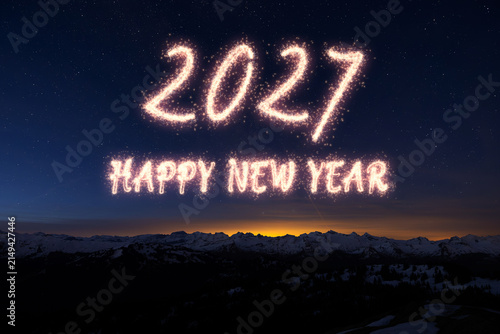 Photography 2027 fireworks background, gold happy New Year 2027 poster