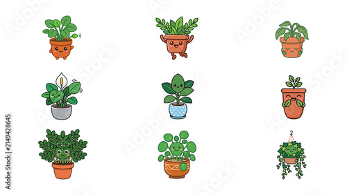 Canvastavla Set of cute cartoon potted plants with happy faces, vector illustration of vario