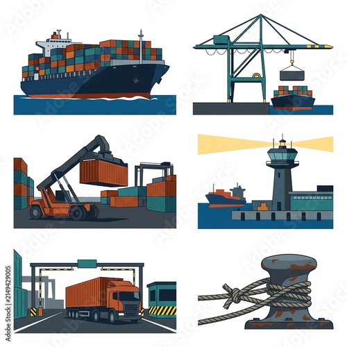 Cargo Ship Port Crane Reach Stacker Lighthouse and Mooring Bollard Elements Set, Symbol of Maritime Logistics Concept
