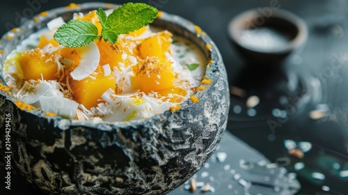 A plate of translucent coconut jelly cubes glistening with condensation, neatly arranged on a rustic ceramic dish. The jelly has a delicate, wobbly texture and is made from fresh coconut milk and agar