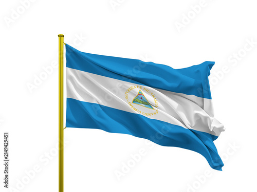 Fotografía Nicaragua flag waving on a golden pole isolated on Transparent Background
