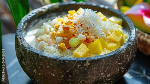 A plate of translucent coconut jelly cubes glistening with condensation, neatly arranged on a rustic ceramic dish. The jelly has a delicate, wobbly texture and is made from fresh coconut milk and agar