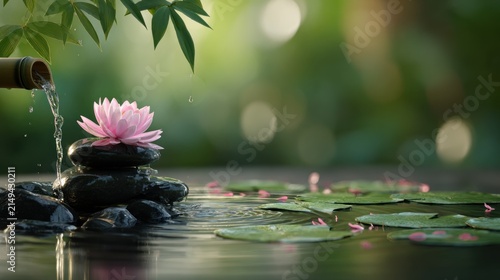 Zen garden water lily on balanced stones