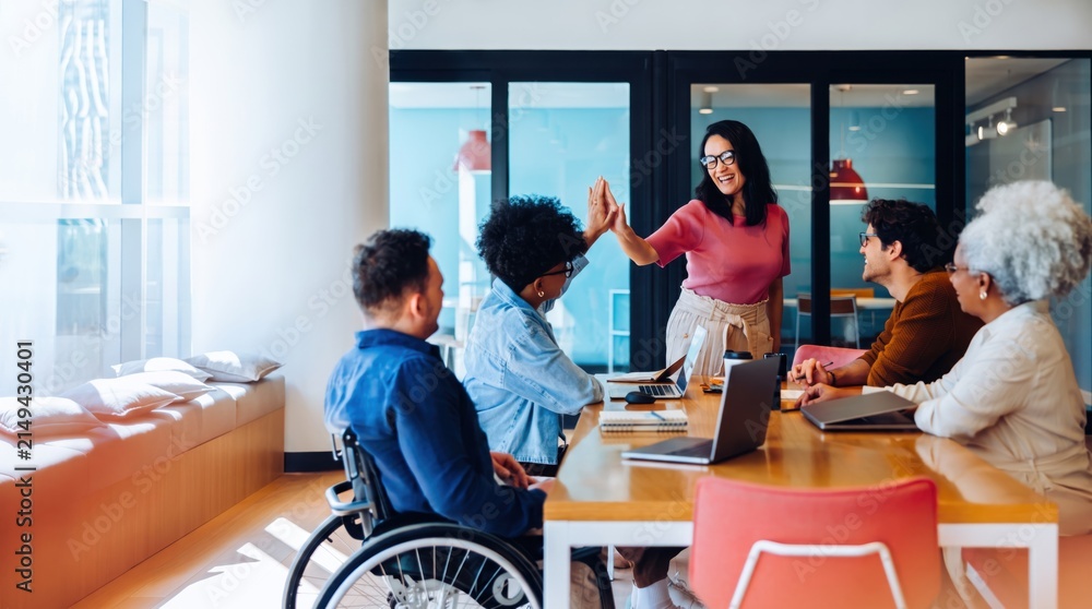 Obraz premium Diverse business team celebrating success with high five in modern office, inclusive workplace culture concept