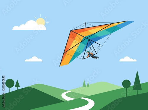 Bild auf Leinwand Person flying a vibrant rainbow colored hang glider through the air