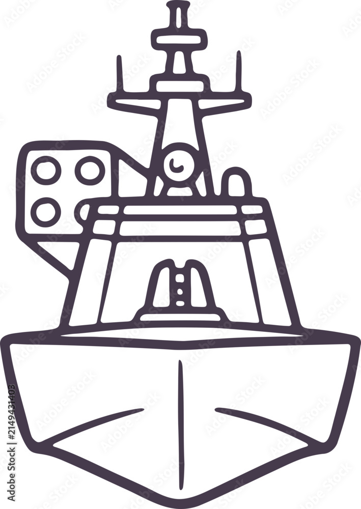 Obraz premium Modern Naval Warship Doodle Vector Icon Depicting Front View for Defense and Security Operations, Simple Outline.
