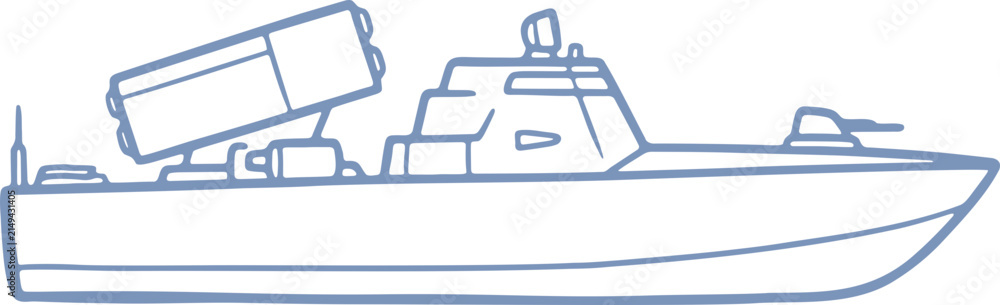 Obraz premium Doodle Sketch of a Modern Armed Naval Vessel with Missile Launcher, Showcasing Maritime Defense and Strategic Power.