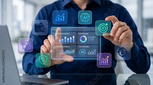 Spend Analytics Dashboard with Holographic Procurement Intelligence, Budget Optimization, Strategic Sourcing and Enterprise Financial Decision Support in Modern Corporate Office