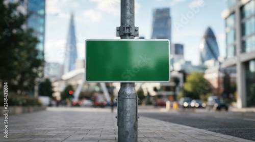 Blank green road sign mockup on a metal pole in modern London city street with blurred skyscrapers in background, template with copy space for advertising, direction, and business message.