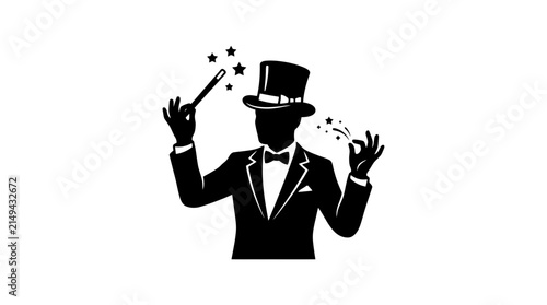 Black silhouette of a magician in a top hat and suit, holding a magic wand with stars emanating, performing a trick.