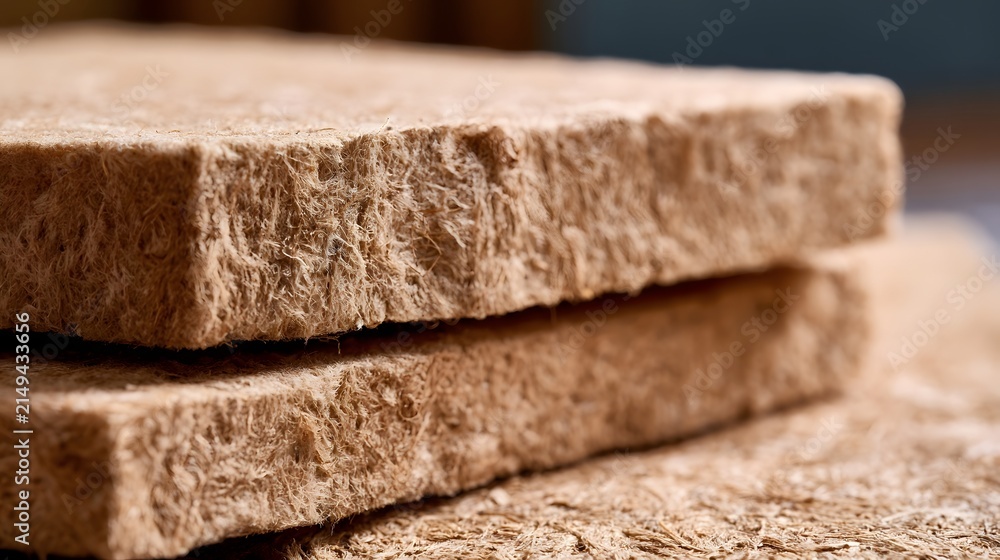 Obraz premium Close up of stacked fiberboard panels showing textured surface and natural brown color under soft lighting