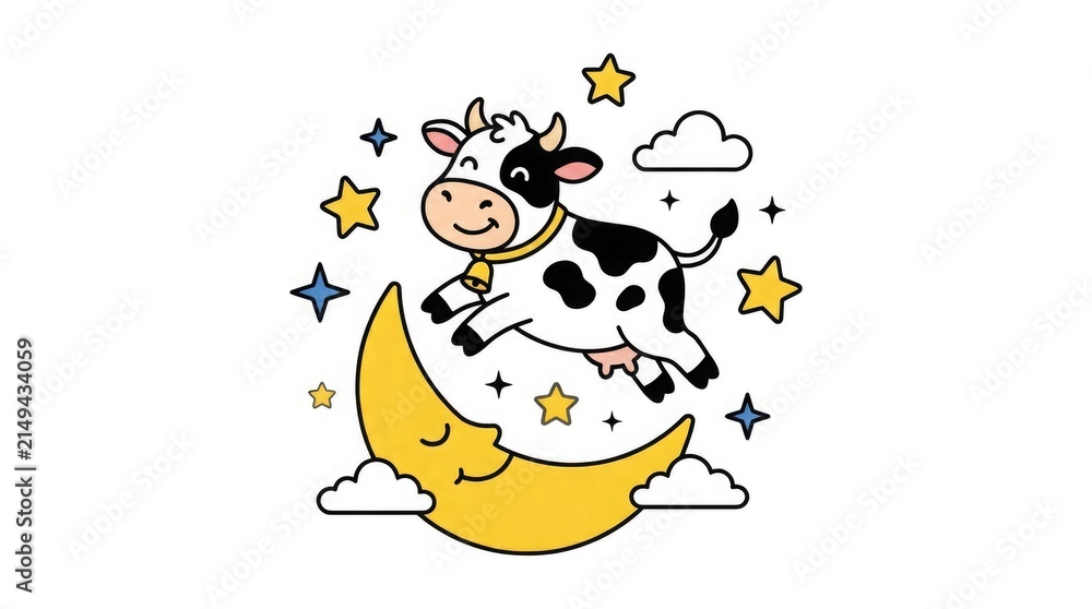 Fototapeta premium Cute cartoon cow jumping over the moon with stars and clouds