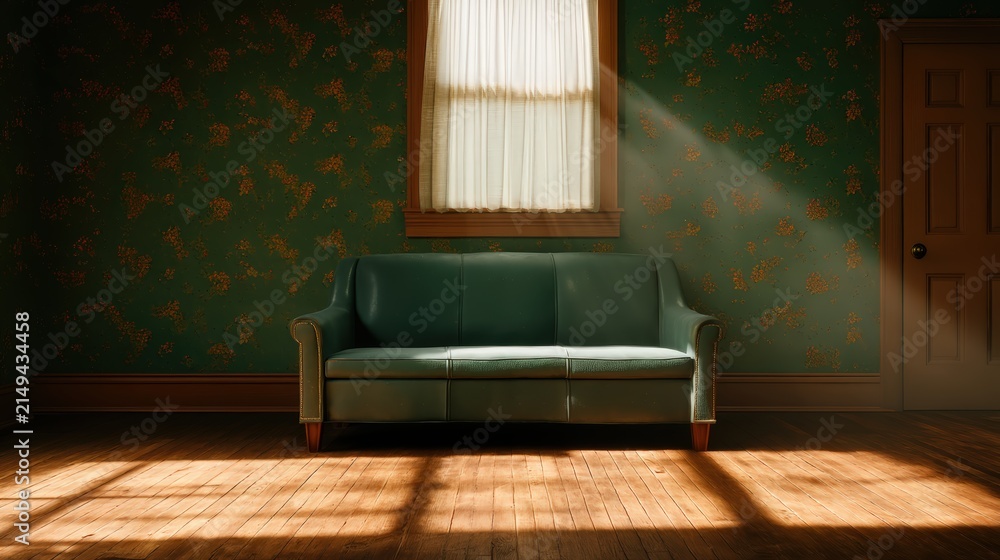 Fototapeta premium A vintage green sofa sits against a floral wallpaper wall, lit by sunlight streaming through a curtained window, casting shadows on a wooden floor.