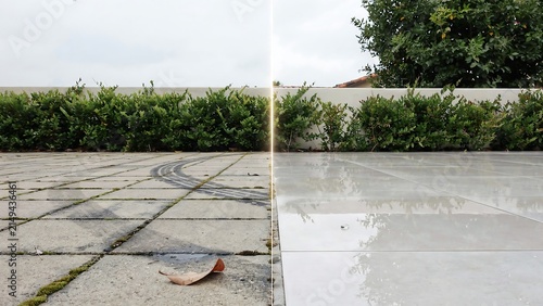 Comparison of dirty outdoor patio tiles and clean wet surface after professional high pressure power washing session