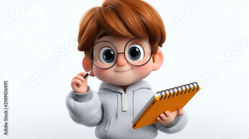 Creative Thinker Boy: A charming 3D animated boy with ginger hair, round glasses, and a hoodie holds a pencil and notebook, symbolizing creativity and a thoughtful mind.