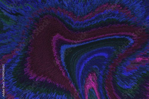 Abstract 3D block extrusion background, futuristic neon pixelated topographic texture with blue and purple waves