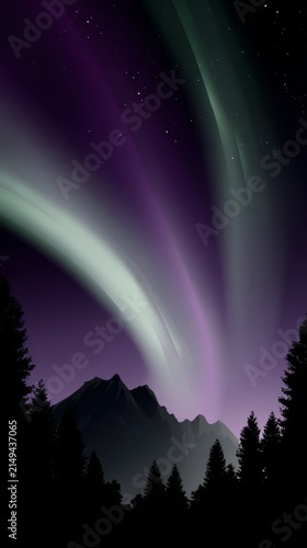 Green and purple aurora bands over pine forest and mountain ridge, astral phe...
