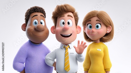 Friendly Trio in 3D Style: A cheerful 3D rendered illustration showcases three diverse characters, two men and one woman, standing together with friendly expressions and warm smiles.