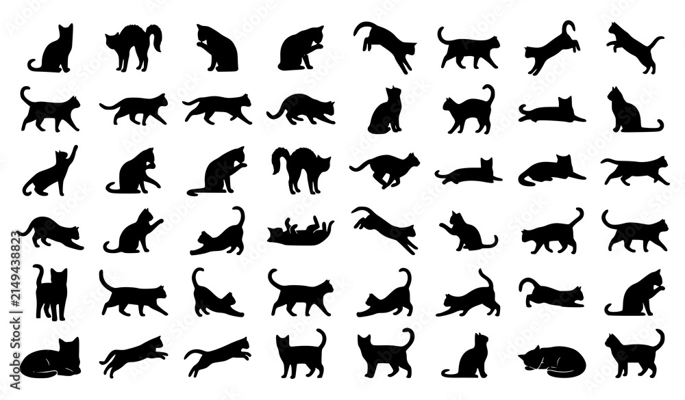 Fototapeta premium Black cat silhouette vector set with dynamic feline poses isolated on white background editable EPS10