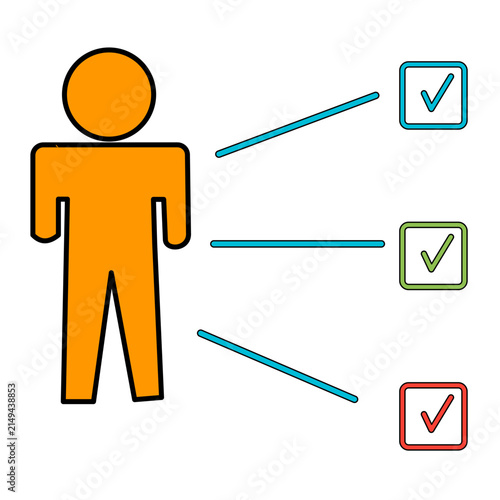 Person icon connected to multiple checkmarks, symbolizing choices, tasks, or completed options.