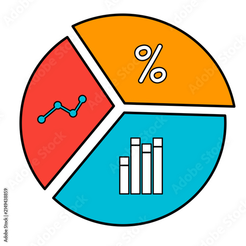 Business data analysis pie chart with percentage, line graph, and bar chart icons.