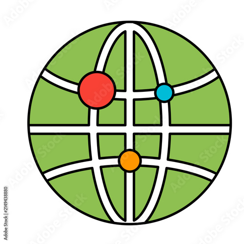 Global network connection icon with location pins on a stylized green globe.