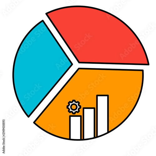 Business data analysis pie chart icon with gear and bar graphs for progress.