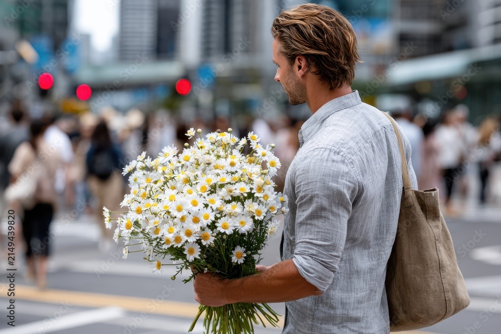 Fototapeta premium Man carrying a large bouquet of daisies in a busy urban street during daylight hours