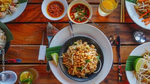 A vibrant and appetizing overhead shot of classic Pad Thai, the beloved Thai stir-fried rice noodle dish, beautifully plated on a rustic dark ceramic plate. Tender rice noodles are wok-tossed with suc
