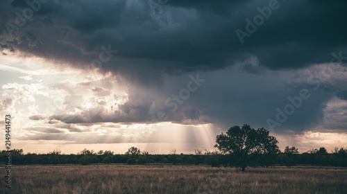Sun rays piercing dark clouds over a peaceful field, providence and hope concept