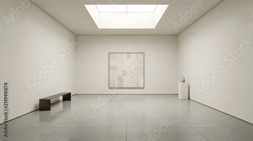 Modern minimalist art gallery interior with natural light and sleek decor