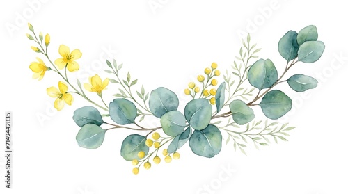 Watercolor floral arrangement with eucalyptus leaves, yellow wildflowers, and small berries in a curved, decorative botanical garland
