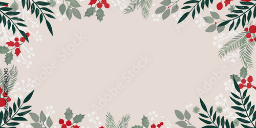 Festive evergreen and holly botanical illustration with a neutral toned background and decorative red berries branches leaves vector graphics floral arrangement winter foliage