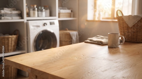 Wooden table surface sits inside a bright laundry room with a washing machine.