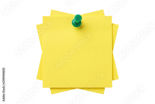 Photography Stacked Yellow Sticky Notes pinned with Green Push Pin