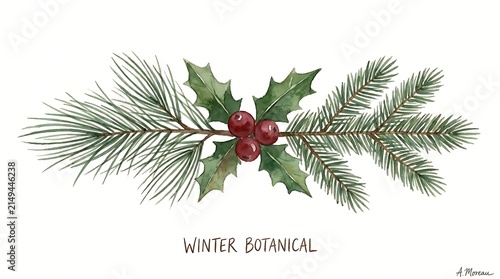 Watercolor of a winter botanical branch with green pine needles, holly leaves, and three red berries on a white background