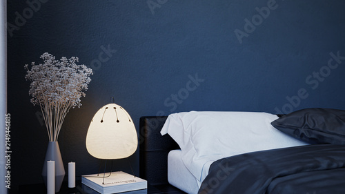 Photography A modern bedroom close-up 3D rendering featuring a comfortable bed with crisp wh