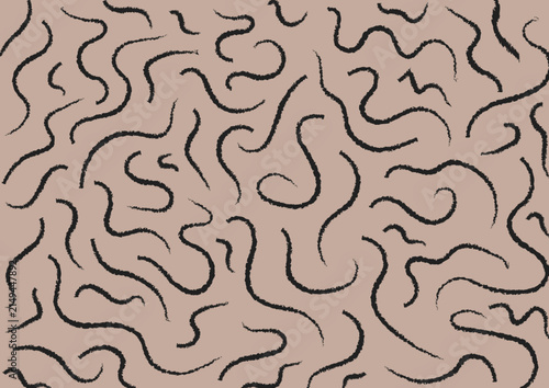 abstract pattern consisting of a multitude of randomly arranged black wavy lines on a light beige background
